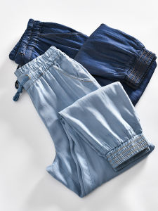 กางเกงยีนส์ทรงหลวมขาตรงเอวยางยืดสำหรับผู้ชายในช่วงฤดูร้อน กางเกงขายาวทรงหลวมขาบานเอวกลางผ้าคอตตอนยืดยืดหยุ่น