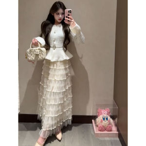 Autumn Fashion High Waist Slimming Knitted Top And Mesh Skirt Womens Ensemble Elegant French Style Cake Skirt Button Closure
