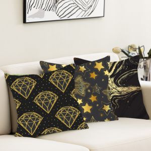 Hoyaa Luxury Cotton Throw Pillow Case - 18x18inches Elegant Black Gold Geometric Design with Hidden Zipper - Perfect for Sofa Set, Home, Office, Car and Cafe Decor (1-Side Printed, Pillow Not Included)