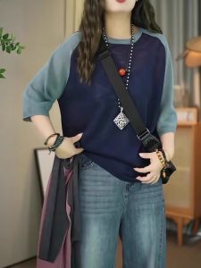 Fashionable round Neck Five-Quarter Sleeve Knitwear Loose Fit Summer Top for plus Size Women Breathable Comfortable Korean Style