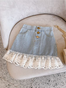 Loose Lace Splice Denim Mini Skirt for Girls Summer New Arrival Childrens Clothing Sweet Korean Style A-Line Half Skirt