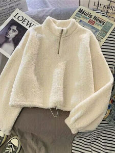 Korean Style Loose Fit Fleece Lined Thickened Half Zipper Hoodie Womens Autumn Winter Short Length Lamb Velvet Student Top Coat