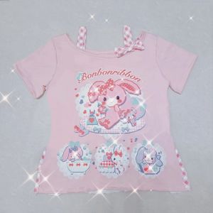 Cute Sweet Rabbit Print Long Sleeve T-Shirt Fake Two-Piece Soft Girl Childrens Clothing Brand 004 Embroidered Summer Top