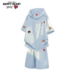 CHARLES JANGS HAPPY HEART | Loose Hooded Cartoon Printed T-Shirt and Shorts Set