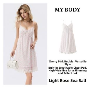 Mybody | Romantic Sweet Plaid Lace Bra Pad Ruffle Camisole Dress