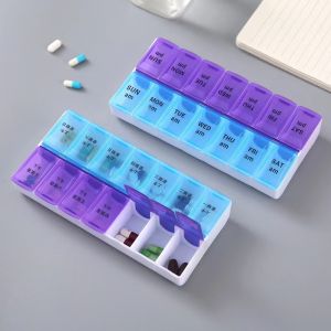 Portable Large Capacity Double Row Seven Day Pill Box with Lid 14 Compartments Compact Travel Medicine Organizer