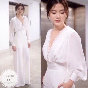 SS030 Jumpsuit ชุดจั้มสูทขายาวทรงหรู แต่งทรงบอลลูน คอวีแต่งลูกไม้