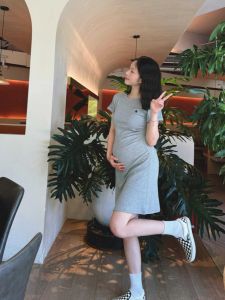 Maternity Dress Korean Style Pure Cotton Short Sleeve Slimming Summer Thin Dress Maternity Clothes Comfortable round Neckline