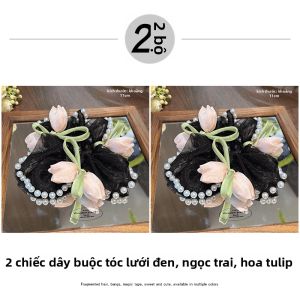 NING ZHOU | Băng Đô Dây Đuôi Ngựa Cao Cấp Có Hoa Văn Ren và Ngọc Trai