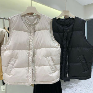Korean Style round Neck Sleeveless down Cotton Vest Womens Autumn Winter Pure Color Jacket Fashionable Casual Outerwear