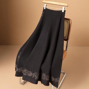 Tgz Noble Elegance Rose Embroidered Wool Knitting Skirt Womens Fall and Winter Ladieswear A- line High Waist Slimming Expansion Skirt