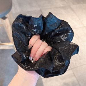 French Vintage Pearl Large Hair Tie Womens High-End Lazy Style Big Size Head Rope Forest System Silk Chiffon Hair Accessories