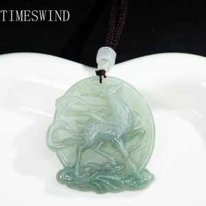 TIMESWIND Authentic A-type Jade Natural Oil-green Nine-color Deer Pendant Lucky Women Men Necklace for Gift with Certificate