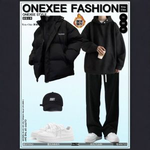 Mens Winter Cotton Jacket Loose Casual Thickened Stand Collar Korean Style Long Sleeve Pants Set Teenagers Fashion Sportswear