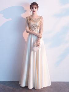 ชุดราตรียาวแขนกลางสีชมพูชampaign สง่างามหรูหรา สำหรับผู้หญิง ชุดราตรีสำหรับงานเลี้ยง ชุดราตรีสำหรับการแสดง