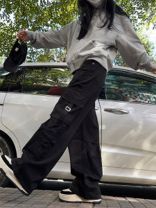 กางเกงขายาวทรงตรงเอวสูงสีดำ กางเกงขายาวทรงหลวมสไตล์ย้อนยุคสไตล์อเมริกันสำหรับผู้หญิงในฤดูใบไม้ร่วงและฤดูหนาว