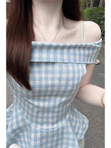 Áo Ba Lỗ Một Bên Vai Màu Xanh Kẻ Caro Mùa Hè Cho Nữ Áo Ngắn Không Tay Họa Tiết Hoa Áo Khoác Ngoài Thanh Lịch Cạp Cao