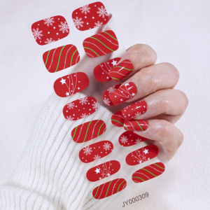 16Tips Red Christmas Gel Nail Stickers Snowflakes Star Glitter Line Design Baking-Free Nail Wraps Self-Adhesive Xmas Nail Slider