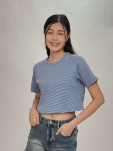 Oxwhite Women Ribbed Raglan Stripe Cropped Top