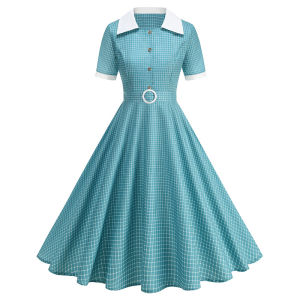 Junxi Wan | Vintage Womens Summer Dress Polka Dot Peter Pan Collar Sweet Short Sleeve A-Line for Diner & Party