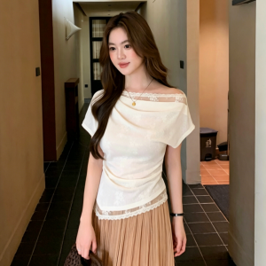 YUEZHONGWEI | Áo Thun Tay Ngắn Eo Ren Mỏng Phù Hợp Mùa Hè