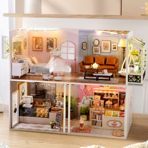 DIY Wooden Miniature DollHouse Leisurely Coffee Shop Dollhouses Scene Model  Doll House Assembly Model Toys For Kids Gifts