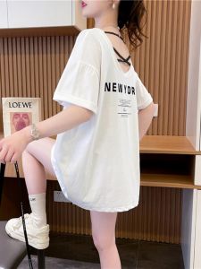 Summer New Womens Mid-Length Pure Cotton Short-Sleeve T-Shirt Back Exposure Cross Design Commute Style round Neck Top