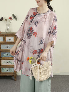 QIANQIUFEIYAN | Chinese Linen Print Loose Fitting Mid Length Shirt