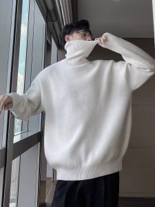 เสื้อสเวตเตอร์คอสูงแบบหลวมๆ สไตล์เกาหลีสำหรับผู้ชาย ฤดูใบไม้ร่วง/ฤดูหนาว เสื้อชั้นในถักแบบหนา ทรงหลวมๆ สไตล์ลำลอง