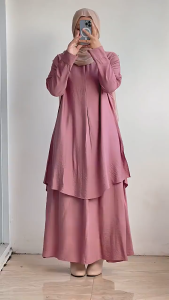 Celana setelan leher bulat kayu berkancing lengan panjang