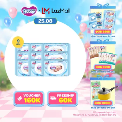 [25-29.08 QUÀ TO]Combo 9 gói khăn ướt Bobby Care không hương 100 miếng/gói