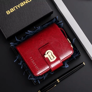 BANYANU Original Genuine Cowhide Leather Lady Purse Large Capacity Special Design Small Trifold Zipper Coin Wallet for Women Anti RFID