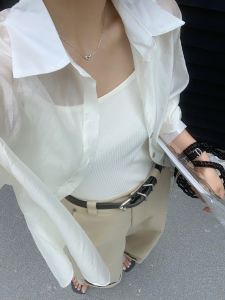 เสื้อเชิ้ตแขนยาวผ้าไหมฤดูร้อนสำหรับผู้หญิง สีพีช ทรงหลวม สีพื้น เสื้อคาร์ดิแกนบาง เสื้อเชิ้ตคอกลม ทรงหลวม สไตล์ใหม่