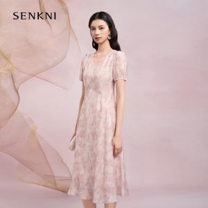 Senkni Silk Dress French Style Gradient Print Summer New Arrival Womens V-Neck Short Sleeve Slim Fit Beach Printed Dress