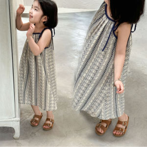 2026 Summer New Arrival Korean Childrens Clothing Korean Style Tie-Up Cute Flower Print Loose Sleeveless Beach Girls Dress
