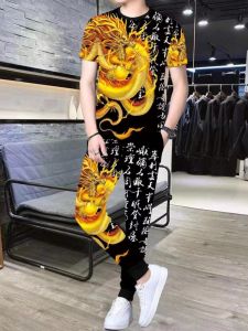 Summer Mens Casual Sports Ice Silk Short Sleeve T-Shirt Long Pants Set Stylish And Handsome Complete Outfit Youth Fashion