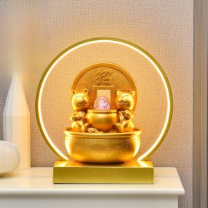 Creative Resin Wealth Cat Fountain Decorative Piece Bar Counter Feng Shui Wheel Circular Ball Moving Gift Moving Opening Ceremony