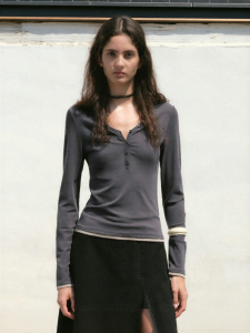 INSIS FEMME | Summer New Style Single-button V-neck Faux Layer Long Sleeve Top