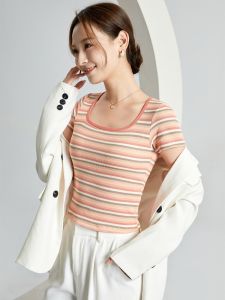 เสื้อยืดคอกว้างลายทางแขนสั้น ทรงเข้ารูป ผ้าฝ้ายผสม สำหรับผู้หญิงในฤดูร้อน สไตล์ที่ทำงาน เสื้อผ้าทำงาน