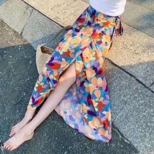 Bohemian Floral Lace-Up Midi Skirt Summer New Style Wrap Skirt All-Match Natural Waist Long Skirt H-Shape for Traveling Women