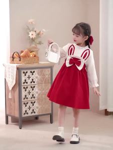 Childrens Dress Autumn and Winter Fleece-lined Thickened Rabbit Ears Princess Dress Girls Bow Western Style Winter Dress