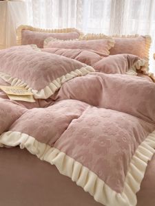 French Style Camellia Fancy Thickened Milk Fiber Four-Piece Coral Velvet Princess Style Flannel Double-Sided Velvet Fitted Sheet