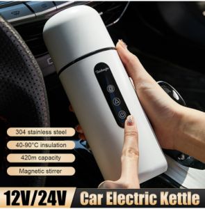 LF 420ml Portable Car Electric Kettle 12/24V Heating Cup with Stirrer LCD Display Coffee Kettle Hot Water Boiler Bottle Heating Mug