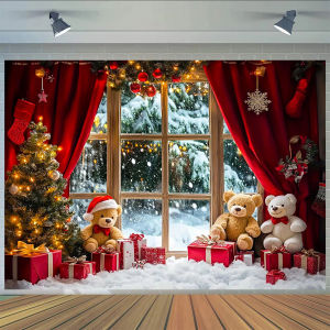 Christmas Tree and Teddy Bear New YearTheme Party Background Decoration Gifts Supplies Photography Winter Snowy Backdrop Banner