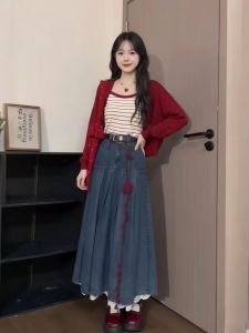 XUECAIQI | Stripe Halter Tank Top Polka Dot Elegant Knit Cardigan Jeans Skirt