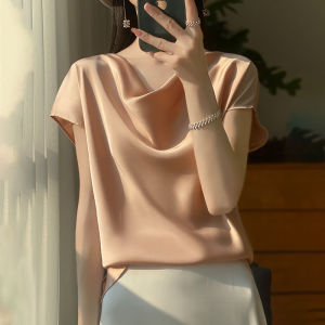 French Stylish Summer Silk Georgette Short Sleevewomens T-shirt Draped V-neck LineAcetate Silk Fashion Top Shirt