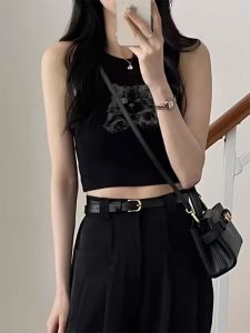 Black Short Sleeveless Tank Top Women Summer American High Street Cool Cartoon Print Innerwear Outerwear T-Shirt Upper Body