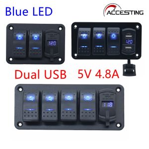 2+1/3+1/4+1/5+1/7+1 Gang Blue LED Rocker Switch Panel Kit Blue LED Waterproof Marine Rocker Switch Panel Dual USB Charger Ports for Marine Boat 5V 4.8A