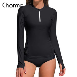 Charmo Women Rash Guard Long Sleeve Swimsuits UV UPF 50+ Zipper Swim Shirt Quick Dry Sun Shirts