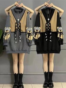 Plus Size Ladies K-style Preppy Style Patchwork Design Fake Two-Piece Sweater Dress Fall and Winter Oversized Cover Belly Thin Casual Dress